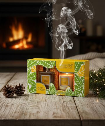 Луксоден комплект Сладко пътуване – свещ и парфюм за дома (150 мл)