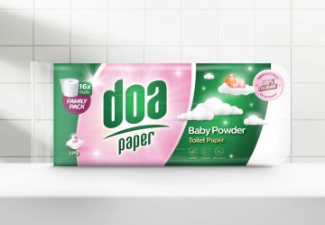 Тоалетна хартия doa paper Baby Powder – 3 пласта, 16 ролки (Семейна опаковка)