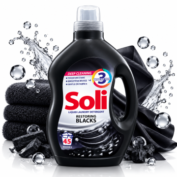 Течен перилен препарат за черни и тъмни дрехи Soli Liquid Laundry Detergent Restoring Blacks, 45 пранета 2.75л