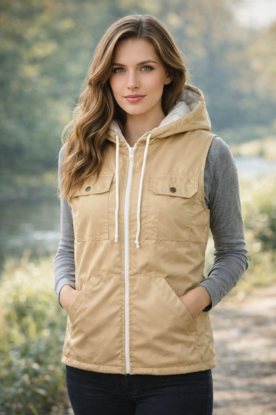 Бежов Дамски Ватиран Елек с Качулка - Удобство и Стил! 