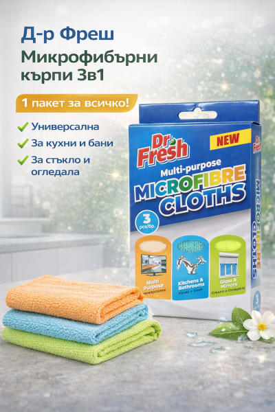 Dr. Fresh микрофибърни кърпи 3в1 – универсално почистване без следи