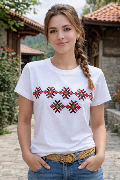 Дамска тениска Malfini Basic 134 с български фолклорен мотив – модерен стил и комфорт
