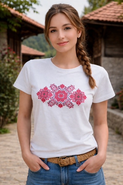Дамска тениска Malfini Basic 134 с български фолклорен мотив – модерен стил и комфорт