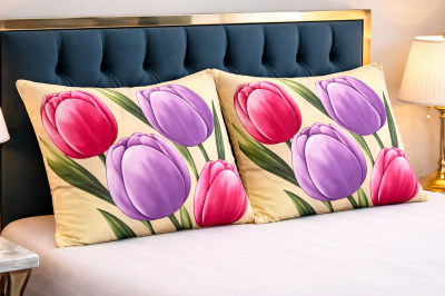 Памучни калъфки Ранфорс 50х70см Лилави лалета  (комплект 2 броя) 