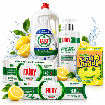 Експертен Сет за Кухня и Дом Fairy (Течен сапун, Гел 2.5л, Кърпи за Повърхности и Под) + Гъба Scrub Daddy!
