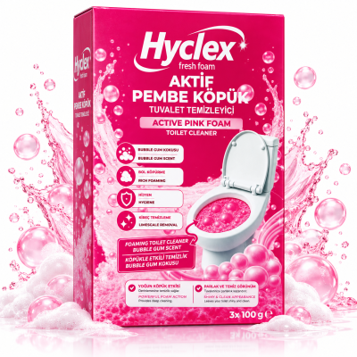 Иновативна почистваща пяна за тоалетна Hyclex Active Pink Foam с аромат на Дъвка (Bubble Gum) – 3х100 g